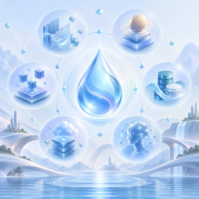Stylized digital illustration featuring a central blue water droplet surrounded by circular icons depicting data, servers, AI, and databases against a futuristic landscape.