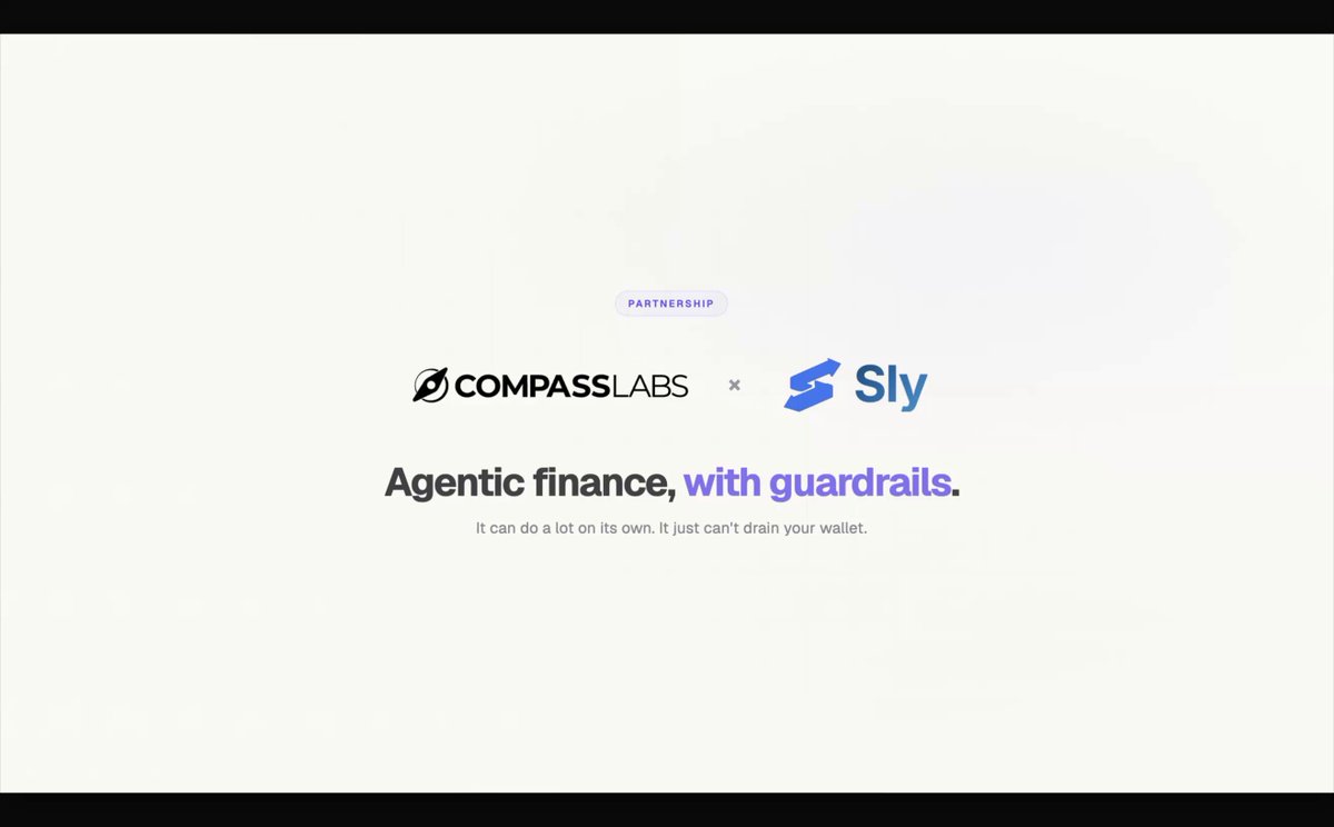 The image shows a website with a white background featuring two logos - one for Compass Labs and another for Sly. The text on the screen reads "Compass Lab Agents + SLY Agencies". The website also mentions that an agent can use @aave to buy the Nike Pegasus 41, which is now possible due to the partnership between Compass Labs and SLY Agencies.