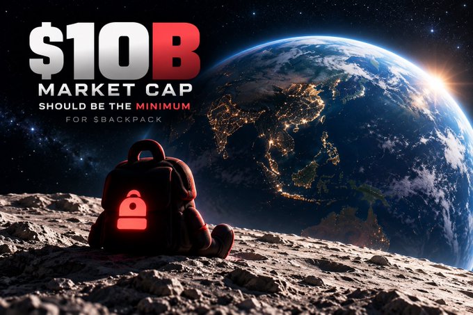 A backpack bearing the Bitcoin logo sits on the moon's surface overlooking Earth, overlaid with text reading "$10B MARKET CAP SHOULD BE THE MINIMUM FOR $BACKPACK," visually reinforcing the post's bullish claim that Backpack's market cap should reach at least $10 billion.