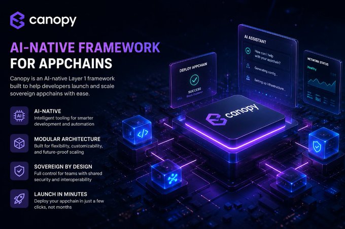 Promotional graphic for 'Canopy', an 'AI-NATIVE FRAMEWORK FOR APPCHAINS', featuring purple neon text and 3D tech illustrations on a dark background.