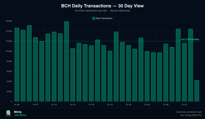 A teal bar chart titled 'BCH Daily Transactions — 30 Day View' sourced from Blockchain, showing daily Bitcoin Cash transaction volumes ranging from about 4,000 to 16,000, with an average of 12,019 tx/day, posted by 'Minty' (@BCMinty) on 'Sun, 02 Aug 2020 UTC'.