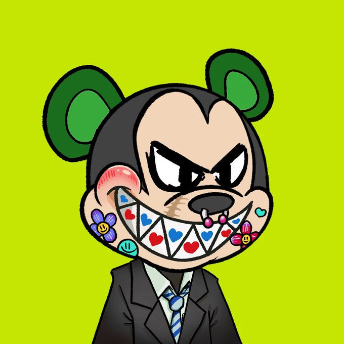 A cartoon illustration of a bear-like character with a wide toothy grin decorated with hearts, flowers, and smiley face stickers, wearing a business suit and tie against a bright green background.