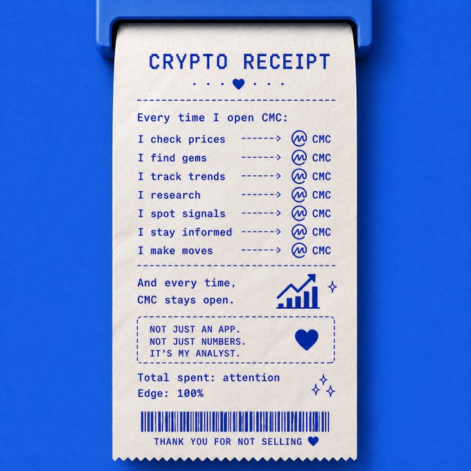 The image features a "CRYPTO RECEIPT" styled like a store receipt emerging from a blue printer slot, humorously listing various CMC (CoinMarketCap) activities—"I check prices," "I find gems," "I track trends," etc.—each marked with a CMC logo, and concluding with "Total spent: attention, Edge: 100%" and "THANK YOU FOR NOT SELLING ♥." This playful receipt ties directly to the post by personifying CMC as a trusted service that users keep coming back to, with the "not selling" punchline referencing crypto trading slang for holding (HODLing) one's investments.