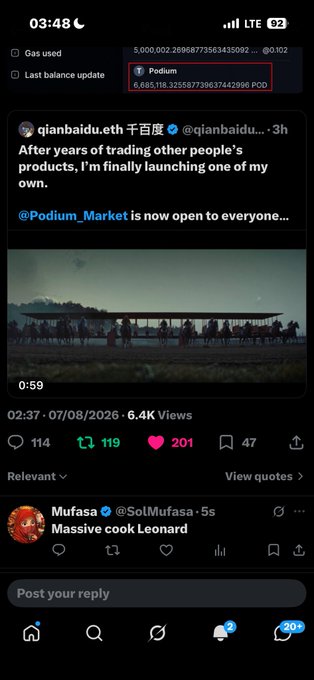A mobile phone screenshot of a social media post from @qianbaidu.eth announcing the launch of 'Podium_Market' along with gas usage statistics, dated 07/08/2026.