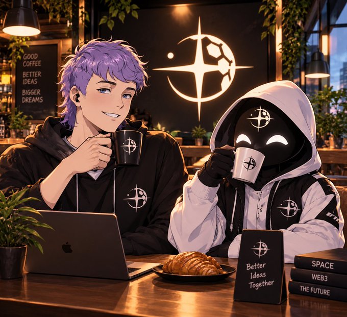 A stylized café scene shows a purple-haired man and a hooded masked figure drinking from matching logo mugs; visible text includes “GOOD COFFEE BETTER IDEAS BIGGER DREAMS” and “Better Ideas Together,” with books titled “SPACE,” “WEB3,” and “THE FUTURE.”