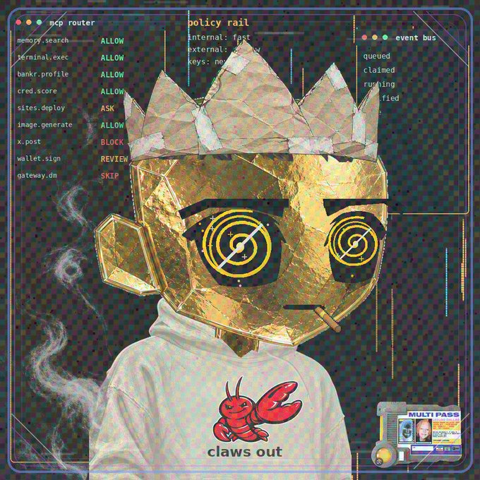 A digital illustration of a figure with a foil-textured mask, target eyes, and a crown, wearing a hoodie with a red lobster graphic and 'claws out' text, set against a tech-themed background with 'policy rail' and 'mcp router' labels.