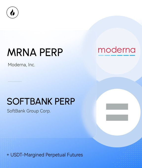The image is an announcement graphic featuring a flame logo in the top-left corner, promoting two new USDT-Margined Perpetual Futures listings: "MRNA PERP" for Moderna, Inc. and "SOFTBANK PERP" for SoftBank Group Corp., with up to 20x leverage for long and short trades.