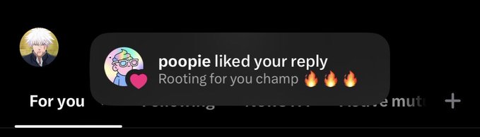 A Twitter/X notification from user 'poopie' with a pink heart emoji stating 'Rooting for you champ' followed by three fire emojis.