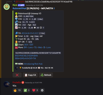 A Telegram message from Robinhood (@Unswap_V3) displays cryptocurrency token information with details like FDV, Liquidity, Pair age, and a new announcement introducing 'Rick Hub'.