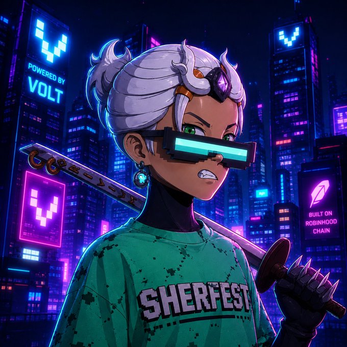 Anime-style illustration of a white-haired character with a glowing visor wearing a 'SHERFEST' shirt and holding a spiked bat, with text 'POWERED BY VOLT' and 'BUILT ON ROBINHOOD CHAIN'.