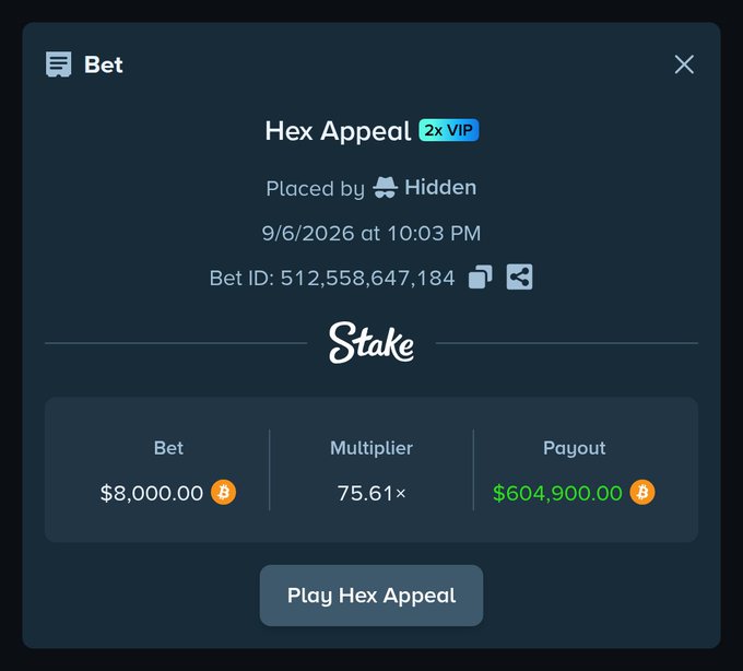 A screenshot of a Stake betting slip for a game called 'Hex Appeal 2x VIP' shows a bet of $8,000.00 at a 75.61x multiplier, resulting in a potential payout of $604,900.00.
