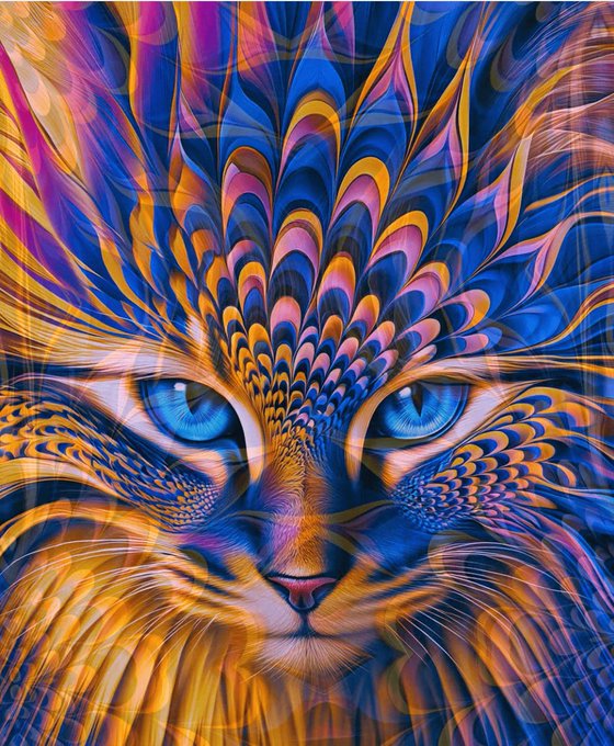 A vibrant, psychedelic digital artwork of a cat's face with intense blue eyes and flowing blue, orange, and pink patterns.