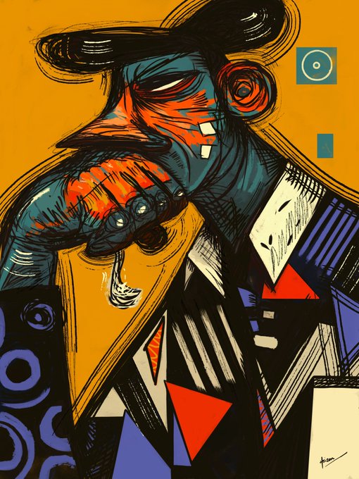 A vibrant cubist-style illustration of a man in a black hat and suit, with a teal and red face, set against a bright orange background with abstract geometric shapes.
