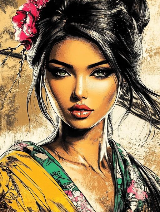 A stylized digital illustration/portrait of a woman with dark hair adorned with red flowers, green eyes, and red lips, wearing a floral and yellow garment against a textured brown background.
