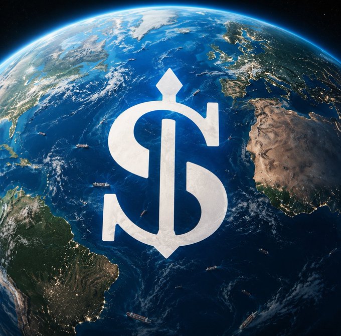 A large dollar sign with an anchor symbolizes the global shipping fleet making money. The image relates the physical world of shipping to financial earnings, as mentioned in the accompanying text.
