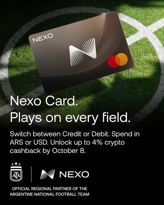 A promotional image for the Nexo Card displayed against a soccer field background, featuring the Mastercard logo and NEXO branding alongside the Argentine Football Association (AFA) crest, with text reading "Nexo Card. Plays on every field" and promoting up to 4% crypto cashback by October 8 as the "Official Regional Partner of the Argentine National Football Team." The image ties directly to the post by showcasing Nexo's new card as a premium financial product designed for Argentine football fans.