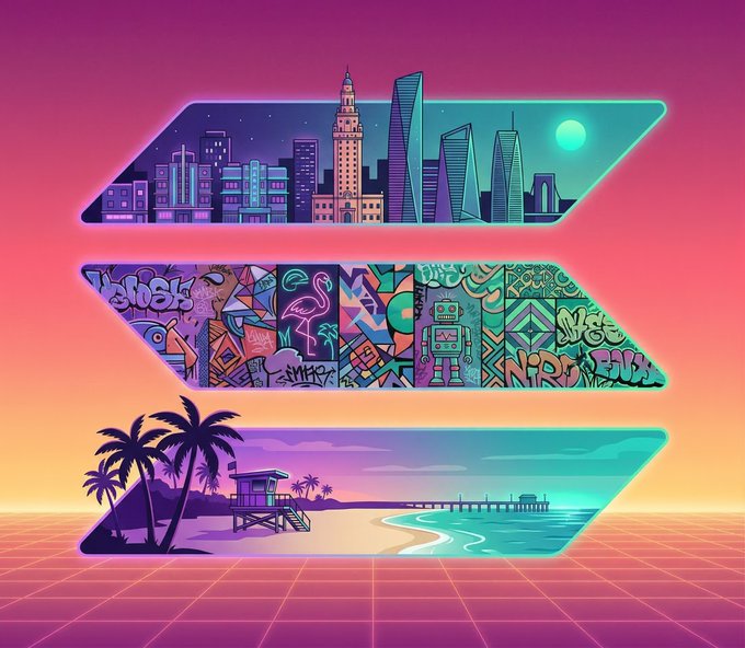 The image features a vibrant cityscape with three distinct sections, each showcasing different aspects of urban life. In the top section, there are buildings that represent skyscrapers, while the middle section depicts a beach scene with palm trees and a lifeguard tower. The bottom section showcases an ocean view with waves crashing against the shoreline. Each section is framed by a purple border, creating a cohesive visual experience for the viewer.