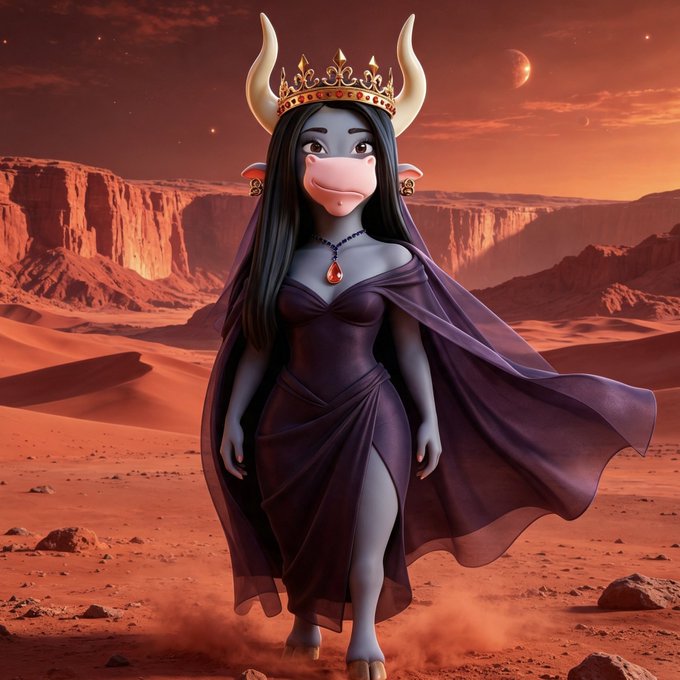 Digital artwork of an anthropomorphic cow character wearing a purple gown, cape, and jeweled crown with horns, standing in a desert landscape with a reddish sky and distant moon.
