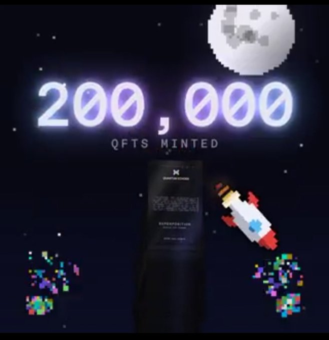 A dark promotional graphic with pixel-art styling announces '200,000 QFTS MINTED' featuring a moon, a rocket ship, a credential card, and colorful particle effects.