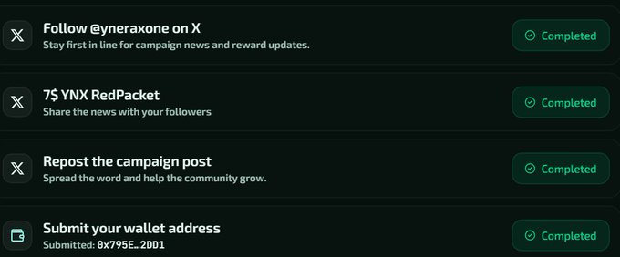A dark-themed digital interface displays a list of completed tasks including 'Follow @yneraxone on X', '7$ YNX RedPacket', 'Repost the campaign post', and 'Submit your wallet address'.