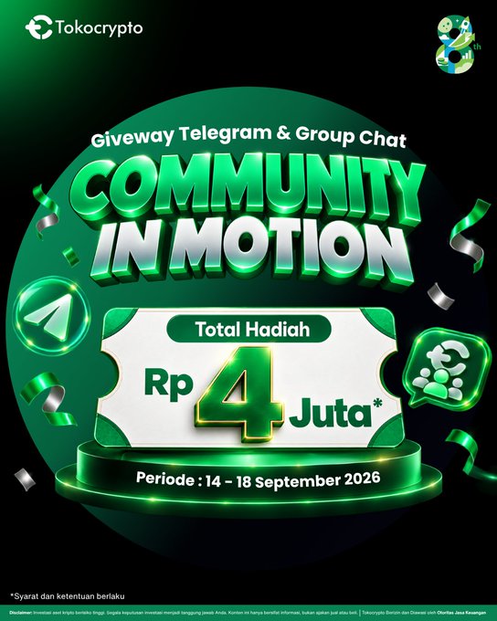 A promotional graphic for Tokocrypto's 8th anniversary giveaway titled "Community in Motion," featuring a green-themed design with a podium display showing a total prize pool of "Rp 4 Juta*" and a contest period of "14 - 18 September 2026," with Telegram icons indicating the quiz drop event mentioned in the post.