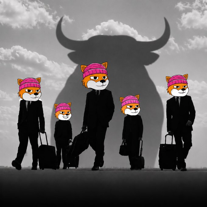 Digital artwork featuring Shiba Inu dog heads with pink beanies superimposed on silhouettes of businessmen in suits walking with briefcases, with a large bull's head shadow looming behind them against a cloudy sky.