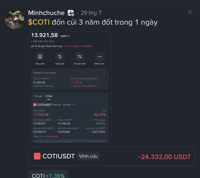 A mobile screenshot from Vietnamese user 'Minhchuchche' showing a cryptocurrency trading interface with the post '$COTI đốn cúi 3 năm đốt trong 1 ngày', displaying $13,921.58 USDT and a significant loss of -11,417.39 (-34.53%) for the COTI/USDT perpetual contract.