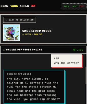 A retro pixel-art webpage for 'KNOW YOUR SKULAZ' showing SKULAZ PFP #1995 (Glitch, Rank 245) with a live chat box where someone asks 'why the coffee?' and a response about the city's nightlife and skull-head grid-keeps vibes.