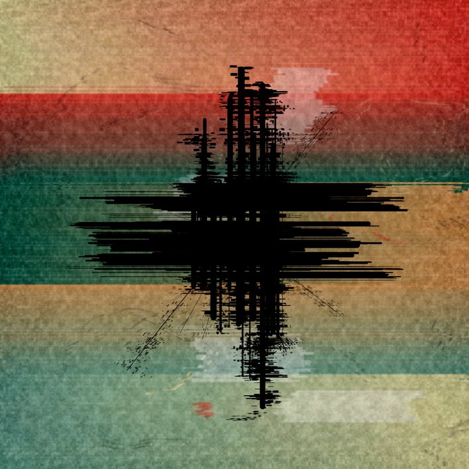 An abstract artwork featuring a black glitch-style cross or starburst pattern centered over a background of horizontal stripes in muted red, green, and tan tones with a textured, vintage appearance.