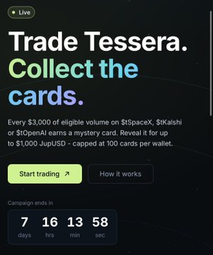 A promotional banner titled 'Trade Tessera. Collect the cards.' advertising a campaign where every $3,000 of eligible volume on $SpaceX, $Kalshi or $OpenAI earns a mystery card, with a countdown timer showing 7 days, 16 hours, 13 minutes, 58 seconds remaining.