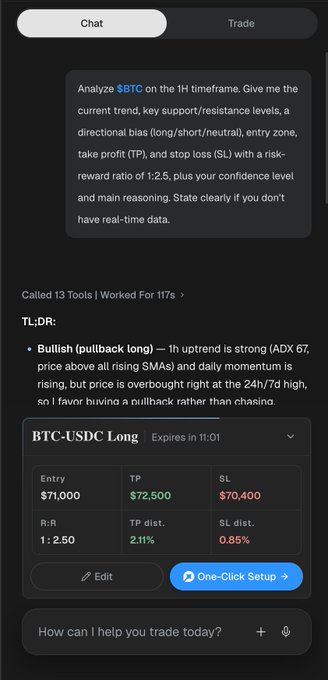 A trading chatbot interface analyzing $BTC on the 1H timeframe, providing a bullish TL;DR analysis with a BTC-USDC Long trade setup featuring entry at $71,000, TP at $72,500, and SL at $70,400.