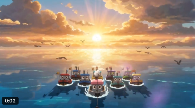The image features a group of cartoon boats sailing across an ocean at sunset, with the sun setting behind them. The boats are colorful and have characters on them, adding a playful touch to the scene. In the background, there are birds flying around the boats, further enhancing the atmosphere of the image. The post includes text that reads "Voxel Voyages @ VoxelVoyages $VOXEL is added to solanap2egames The ocean is teeming with legendary fish, and they'r not going to catch themselves. Sail, reel, upgrade, and chill right in your browser. Visit solanap2e.games to vote for Solana #GameFi #Web3". This post seems to be promoting a video game or streaming platform related to the cartoon boats scene.