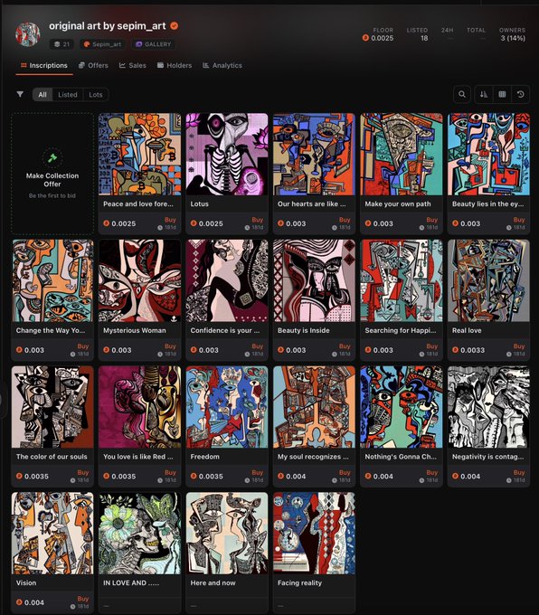 A screenshot of an NFT marketplace displaying a gallery titled 'original art by sepim_art' with various colorful abstract artworks for sale at small ETH prices.