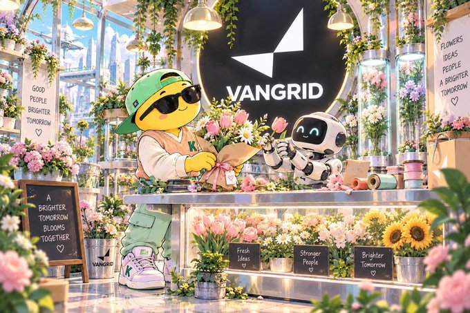 A colorful, futuristic flower shop scene featuring a yellow mascot character wearing sunglasses and a green cap, and a small robot, both holding bouquets under a sign reading 'VANGRID'. Surrounding chalkboards display slogans like 'GOOD PEOPLE BRIGHTER TOMORROW', 'A BRIGHTER TOMORROW BLOOMS TOGETHER', 'Fresh Ideas', 'Stronger People', and 'Brighter Tomorrow'.