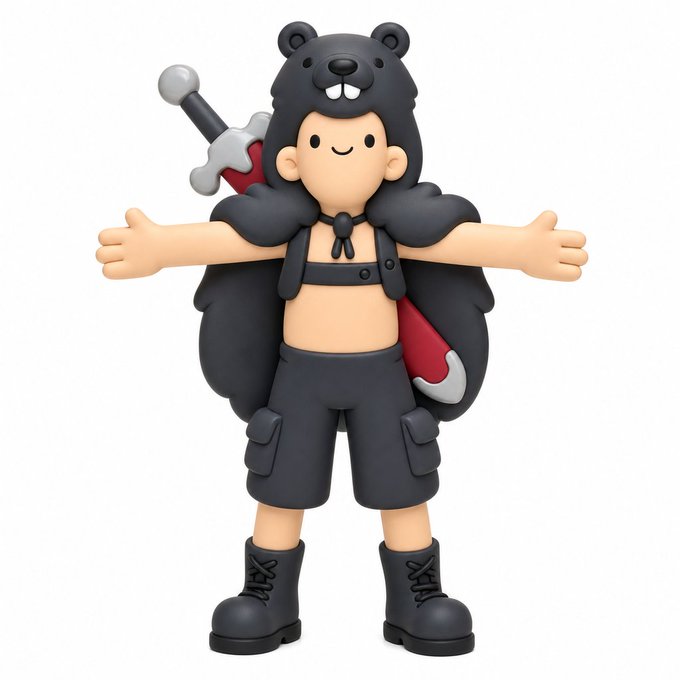 A 3D-rendered cartoon character wearing a black bear hat and cape stands with arms outstretched, carrying a sword on its back and wearing shorts and boots.