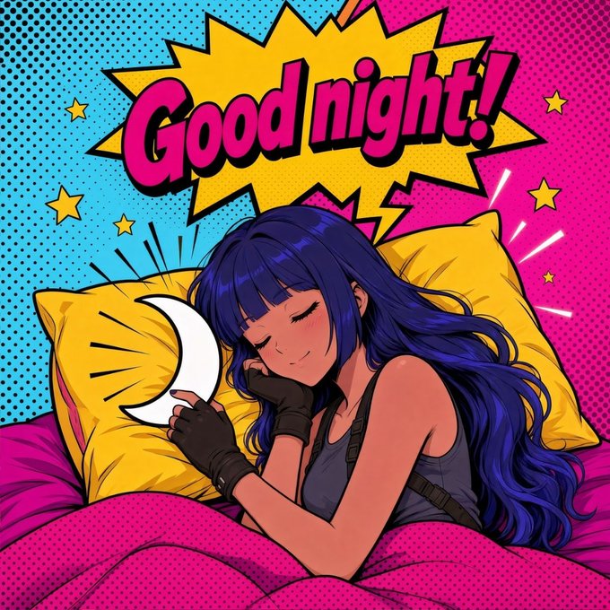 A pop-art style illustration of a dark-skinned anime girl with long blue hair sleeping on a yellow pillow, with a comic-style speech bubble reading 'Good night!'.