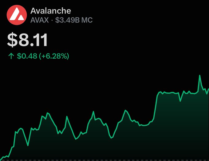 The image shows Avalanche (AVAX) at $8.11 with a market cap of $3.49B, up $0.48 (+6.28%) on the day. It complements the bold prediction in the post that "$AVAX WILL BE $800 ONE DAY," highlighting how far the token would need to climb from its current price to reach that target.