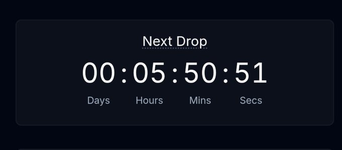 A digital countdown timer on a dark background showing 'Next Drop' at 00:05:50:51 in Days, Hours, Mins, Secs.