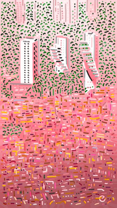 "Neighbors," 2025—an abstract painting featuring white buildings rising above a pink field of colorful dashes and green leafy clusters, now part of WAPSHOP_ETH's collection.