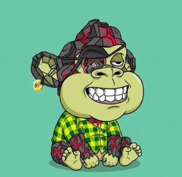 A cartoon illustration shows a grinning ape-like creature wearing a plaid shirt and an ornate hat, sitting against a teal background.