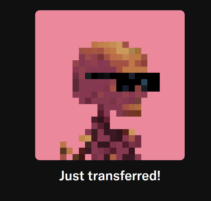 A pixel art image on a pink background showing a red and orange creature or character with a black pixelated censor bar over part of it, with the text 'Just transferred!' below.