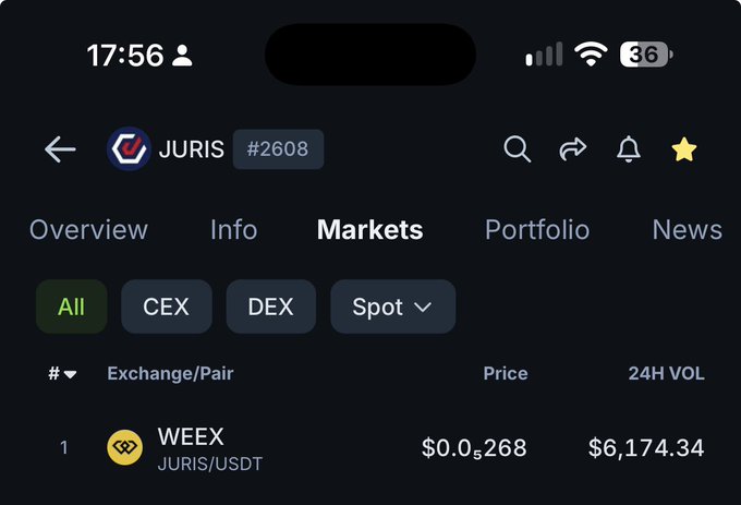 A mobile phone screenshot of a crypto exchange app showing the "Markets" tab for token "JURIS #2608", with WEEX listed at $0.015268 with $6,174.34 24H VOL.