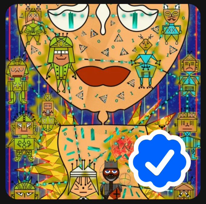 A colorful illustration of a triangular face surrounded by small robot figures, with a blue checkmark icon overlaid in the bottom right corner.