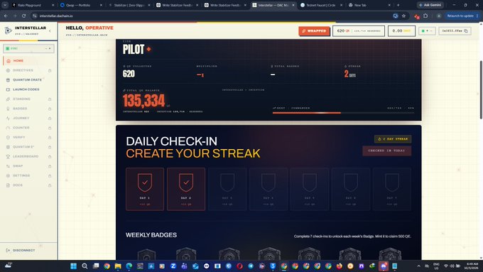 A webpage screenshot from interstellar-tda.hu.io shows a 'HELLO, OPERATIVE' pilot dashboard with stats including '620' followers, '135,334' OC, and a 'DAILY CHECK-IN' section for creating streaks.