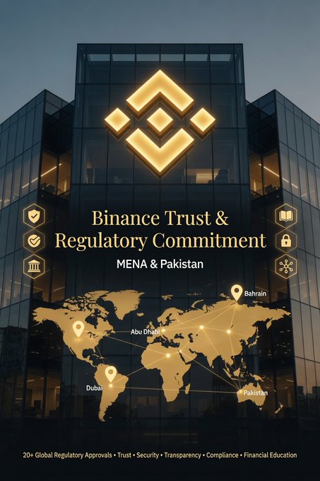 A Binance promotional image showing the text 'Binance Trust & Regulatory Commitment' for MENA & Pakistan, featuring a world map with pins for Bahrain, Abu Dhabi, Dubai, and Pakistan.