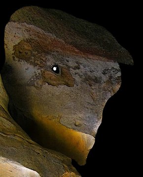 A close-up photograph reveals a rock formation with natural textures and patterns that strikingly resembles the profile of a face wearing a wide-brimmed hat.