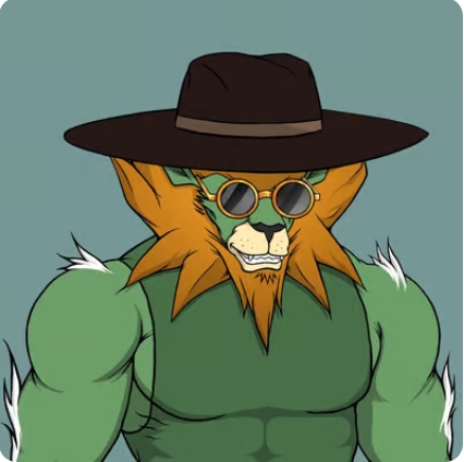 A stylized cartoon illustration of a muscular anthropomorphic fox character wearing a wide-brimmed black hat and round sunglasses, set against a teal background.