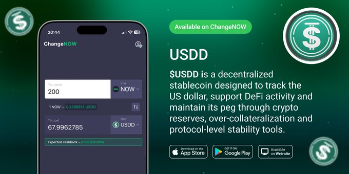 The image is a promotional graphic announcing USDD's availability on ChangeNOW, featuring a phone screenshot of the ChangeNOW app showing a swap from NOW to USDD at a rate of 1 NOW = 0.3399813 USDD, alongside text describing USDD as a decentralized stablecoin tracking the US dollar, and download badges for the App Store, Google Play, and Web site.