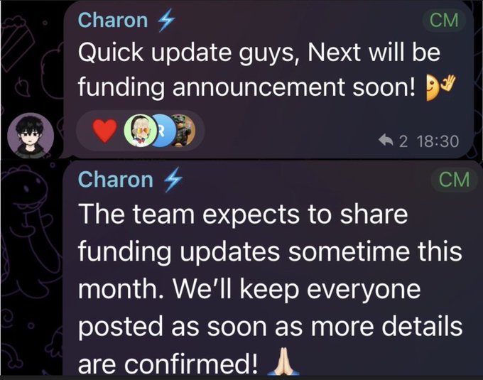Two Telegram messages from user "Charon" (marked CM) state that a funding announcement is coming soon, with the team expected to share updates "sometime this month" while keeping everyone posted as details are confirmed. The messages support the accompanying post's claim that Miracle Trade (miracletrade) is preparing to announce funding this month, which could precede a potential TGE.