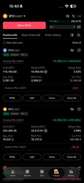 A cryptocurrency trading app interface on a mobile phone displaying 'Open Orders' with positions for ETH/USDT and BTC/USDT, showing prices like 115,103.60 and 232,205.45, along with red 'Close All' buttons.